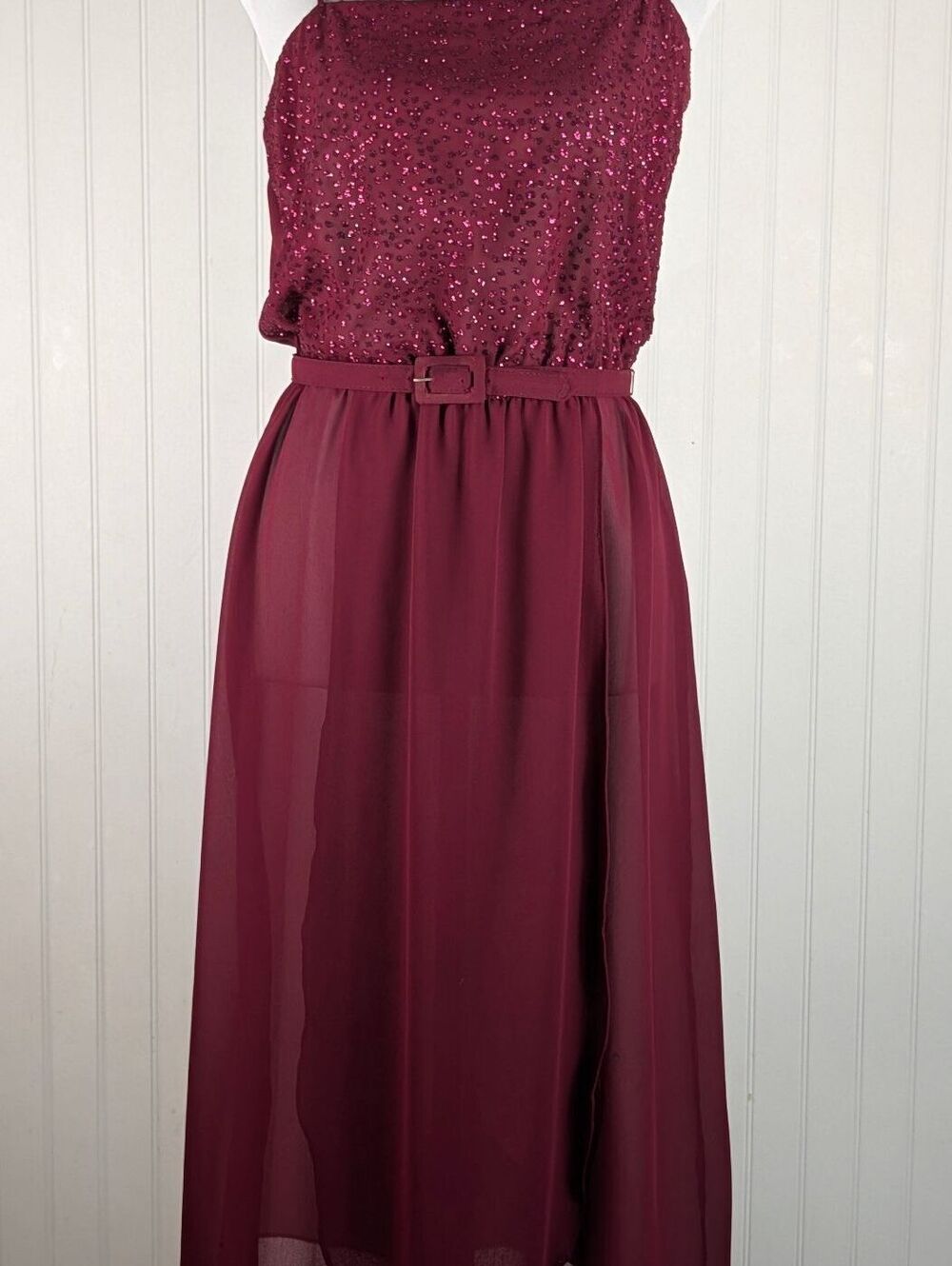 80s Vintage Billy Jack for Her Burgundy Sequin Chiffon Midi Dress